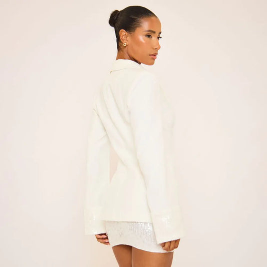 Long Sleeve Plunge Front Cinched Waist Blazer In White