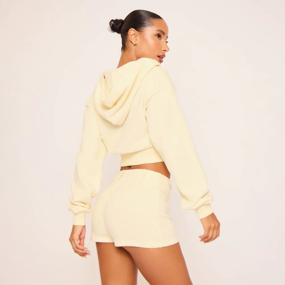 Long Sleeve Cropped Zip Up Pocket Detail Hoodie In Cream