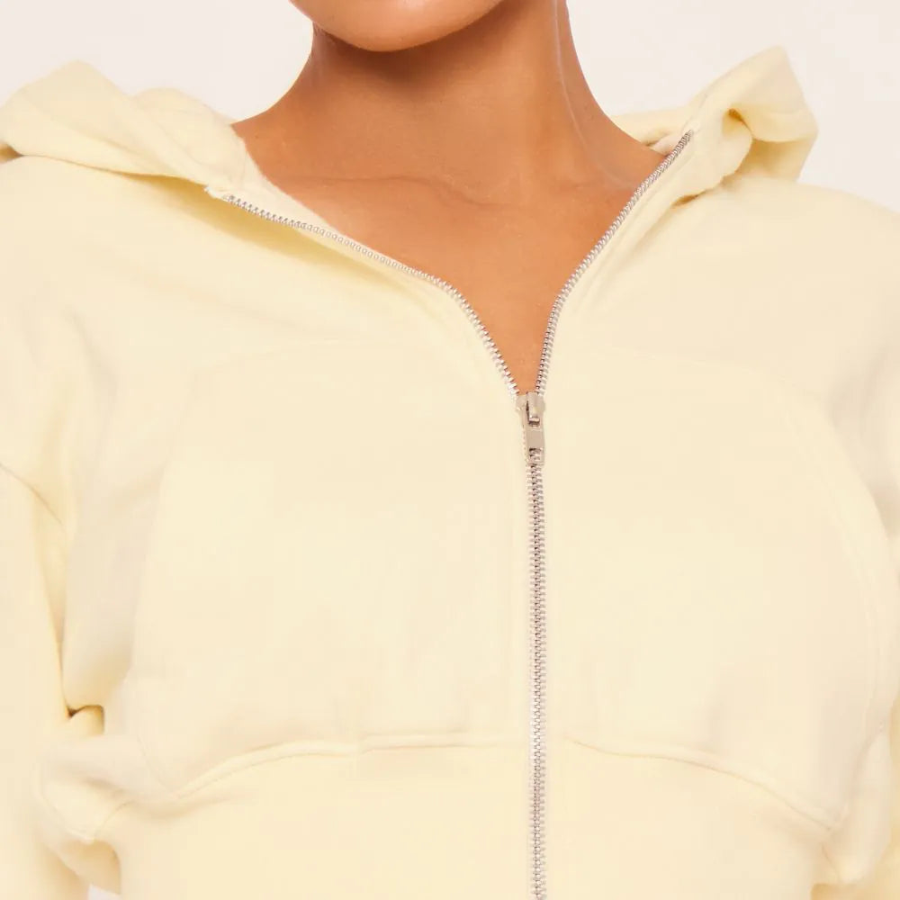 Long Sleeve Cropped Zip Up Pocket Detail Hoodie In Cream