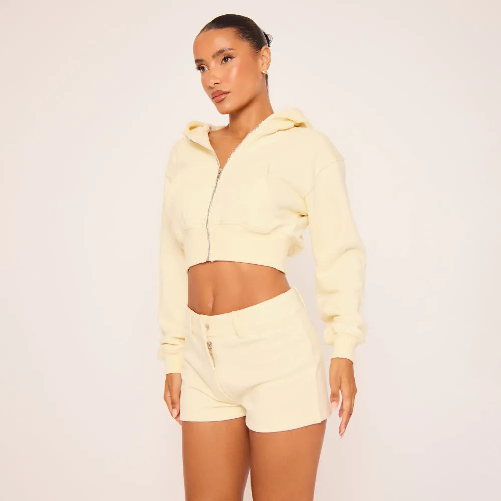 Long Sleeve Cropped Zip Up Pocket Detail Hoodie In Cream