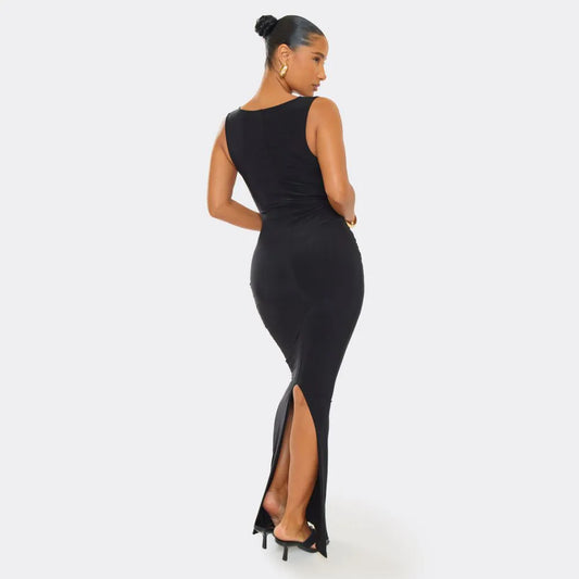 Plunge Gathered Front Maxi Dress In Black Slinky