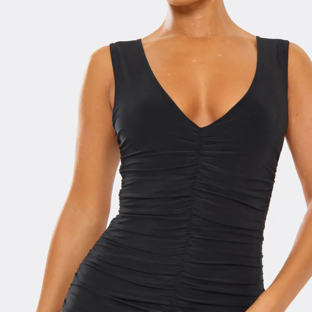 Plunge Gathered Front Maxi Dress In Black Slinky