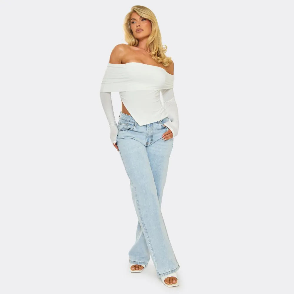 Bardot Long Sleeve Asymmetric Split Hem Detail Top In White