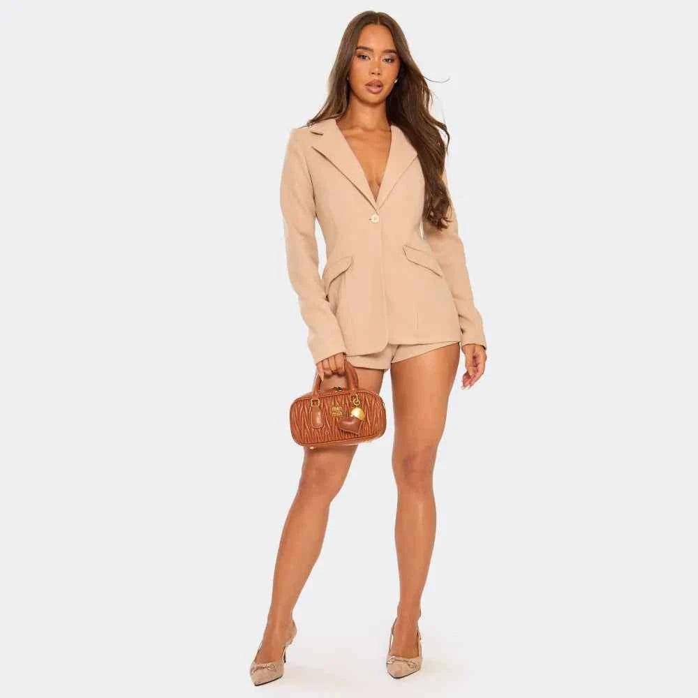 Ego - Long Sleeve Plunge Neck Blazer Playsuit In Stone