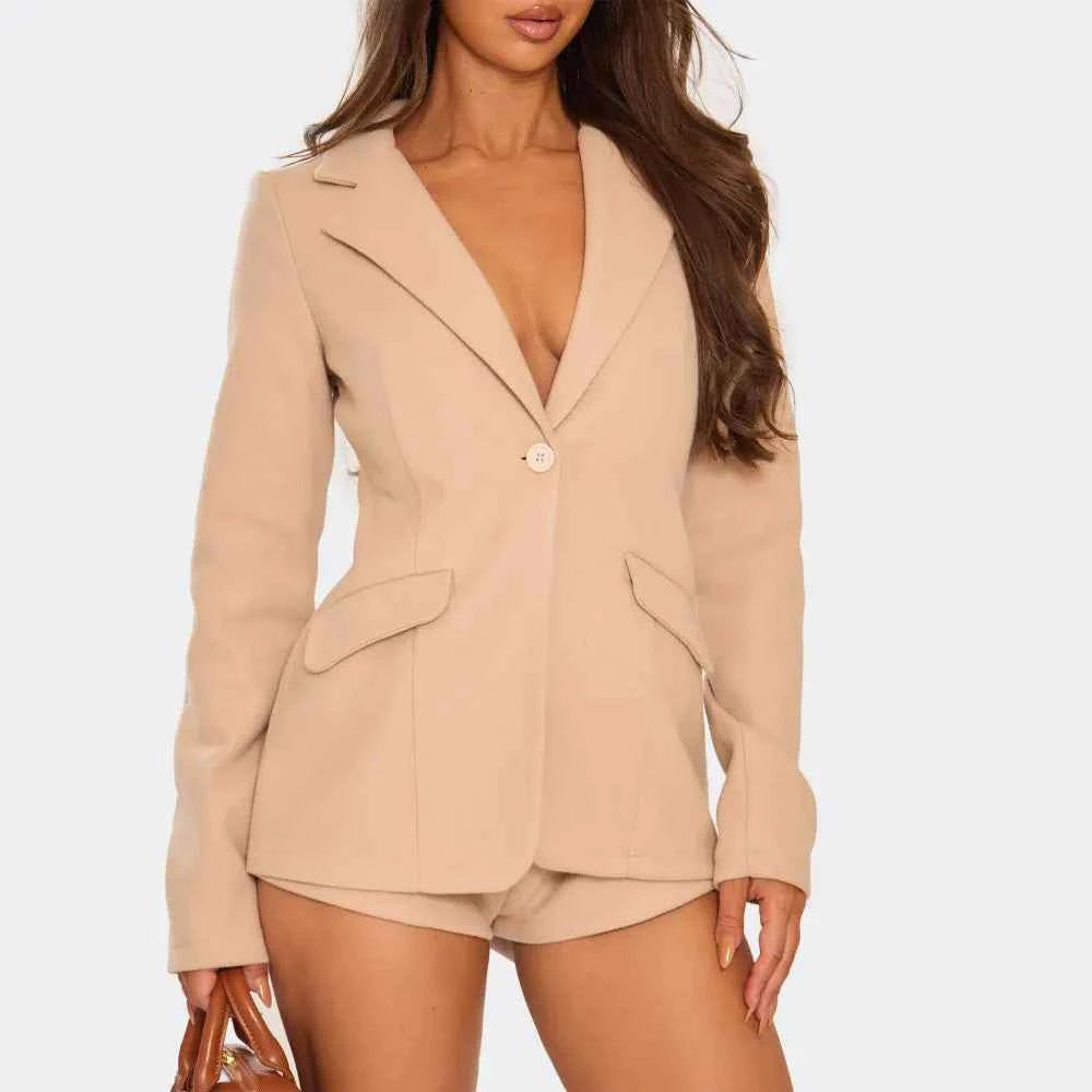 Ego - Long Sleeve Plunge Neck Blazer Playsuit In Stone