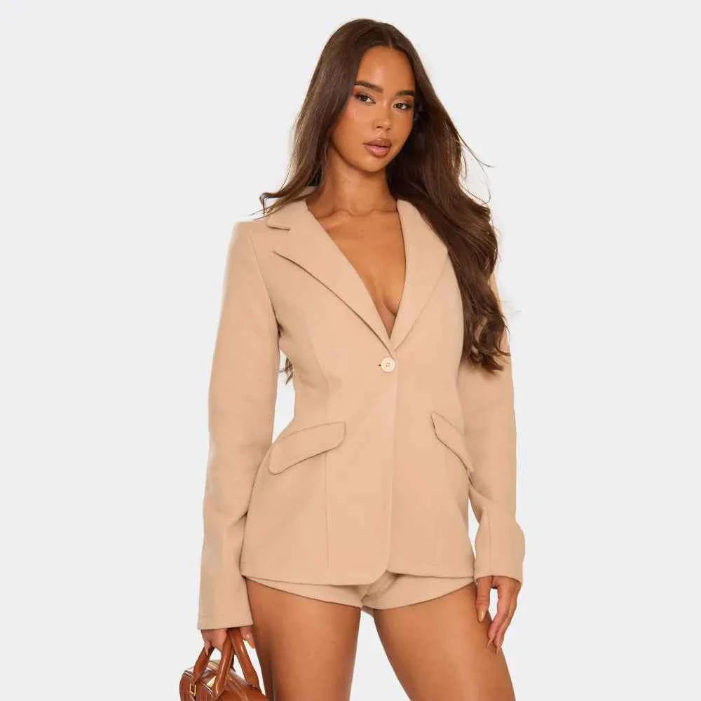 Ego - Long Sleeve Plunge Neck Blazer Playsuit In Stone