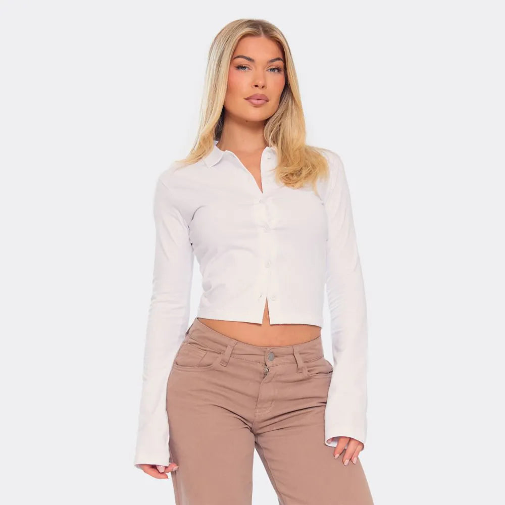 Long Sleeve Collar Button Down Fitted Top In White