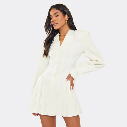 Long Balloon Sleeve Pleated Hem Detail Blazer Dress In Cream