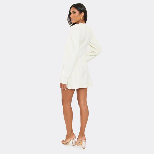 Long Balloon Sleeve Pleated Hem Detail Blazer Dress In Cream