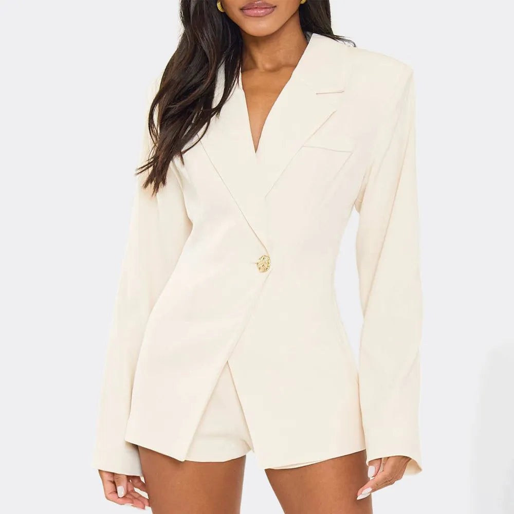 Ego - Long Sleeve Cinched Waist Blazer Playsuit In Cream
