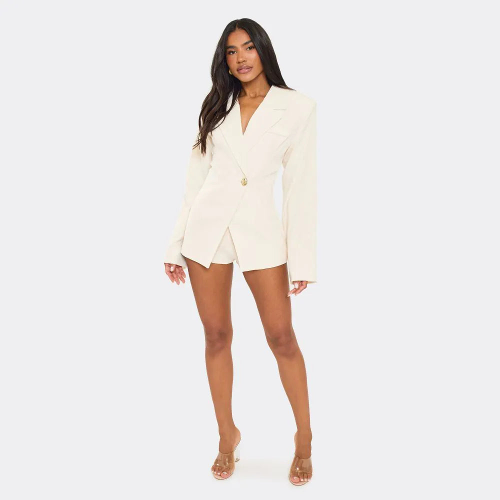 Ego - Long Sleeve Cinched Waist Blazer Playsuit In Cream