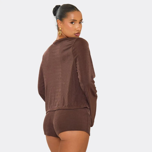 Flared Long Sleeve Plunge Neck Top In Chocolate Brown