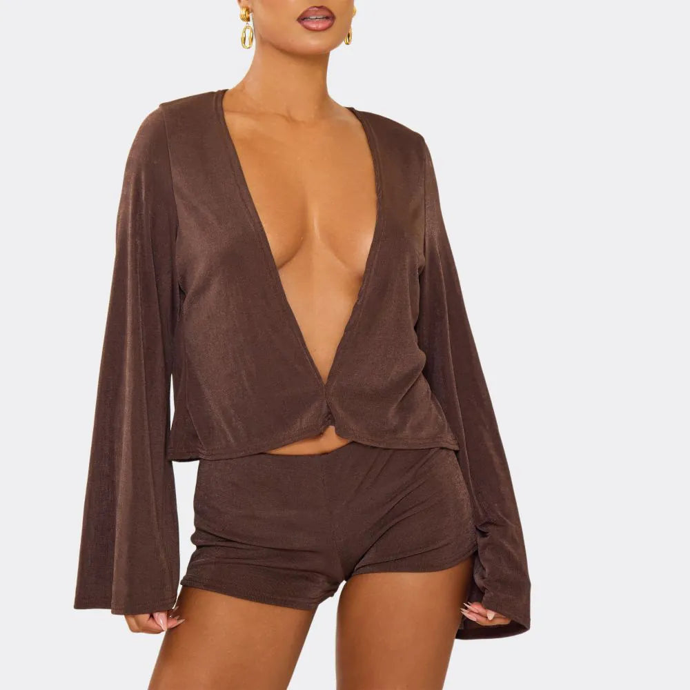 Flared Long Sleeve Plunge Neck Top In Chocolate Brown