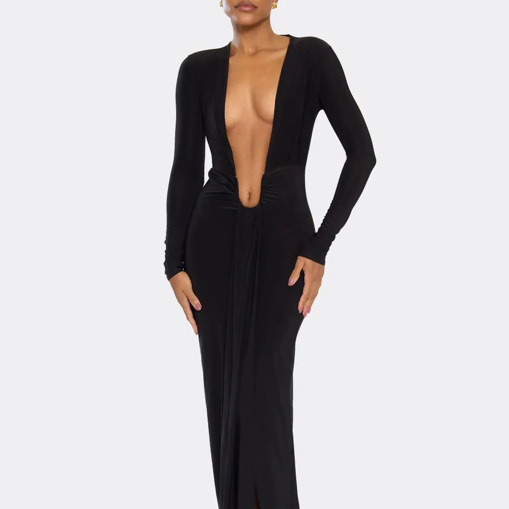 Extreme Plunge Drape Trim Detail Maxi Dress In Black