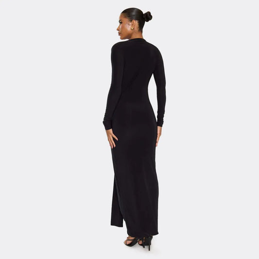 Extreme Plunge Drape Trim Detail Maxi Dress In Black