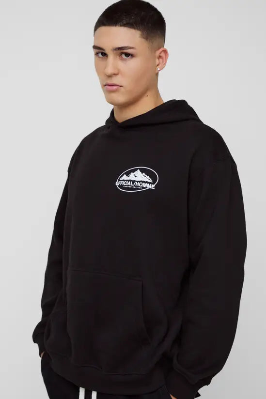boohooMAN Oversized Boxy Official Homme Landscape Line Drawn Graphic Hoodie
