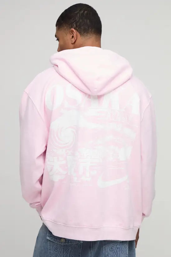 boohooMAN Pink Oversized Washed Osaka Printed Hoodie