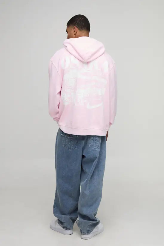 boohooMAN Pink Oversized Washed Osaka Printed Hoodie