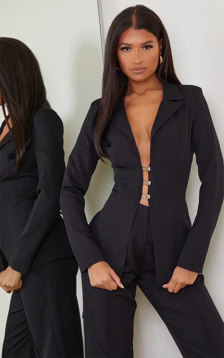Plt - Black Fitted Lace Up Back Blazer Co-ord
