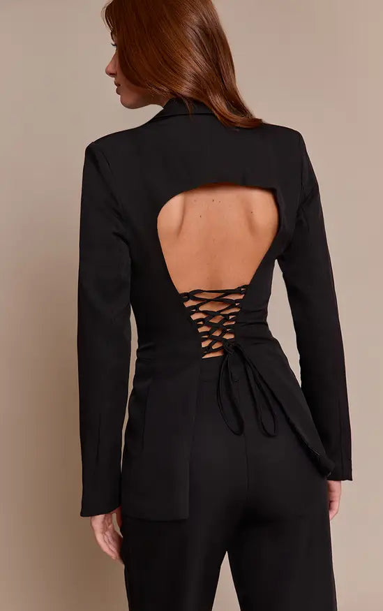 Plt - Black Fitted Lace Up Back Blazer Co-ord