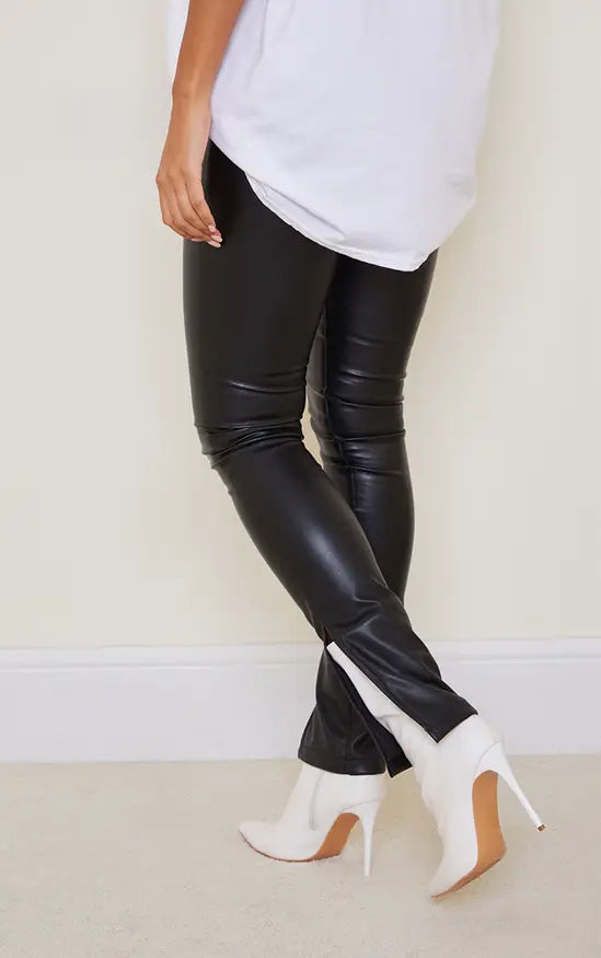 PrettyLittleThing Faux Leather Split Hem Straight Leg Trousers