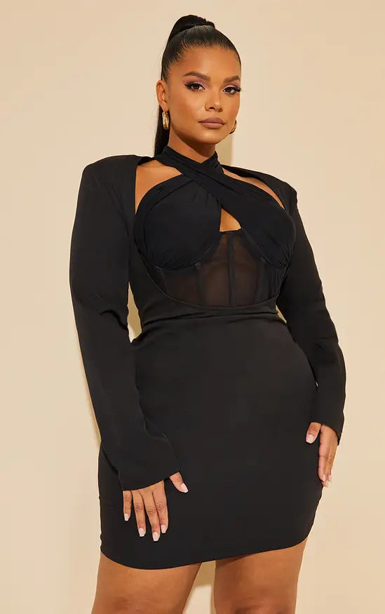 Plt - Plus Black Corset Cross Front Bodycon Dress