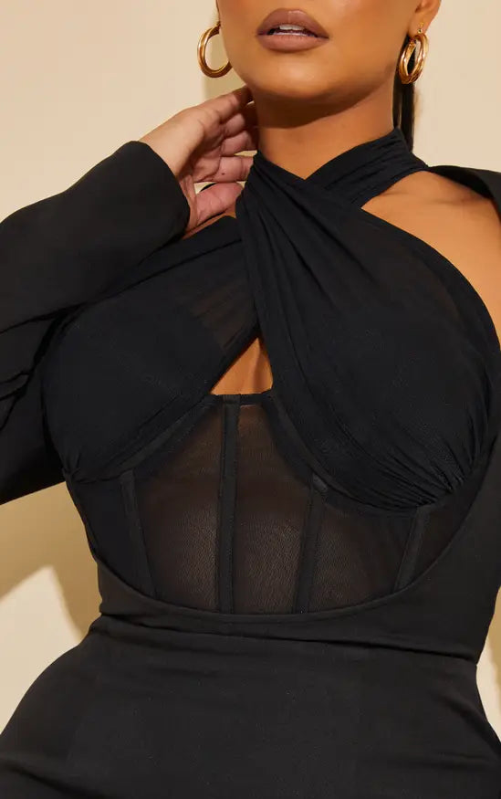Plt - Plus Black Corset Cross Front Bodycon Dress