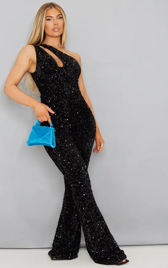 Plt - Black Sequin Cup Detail One Shoulder Jumspuit