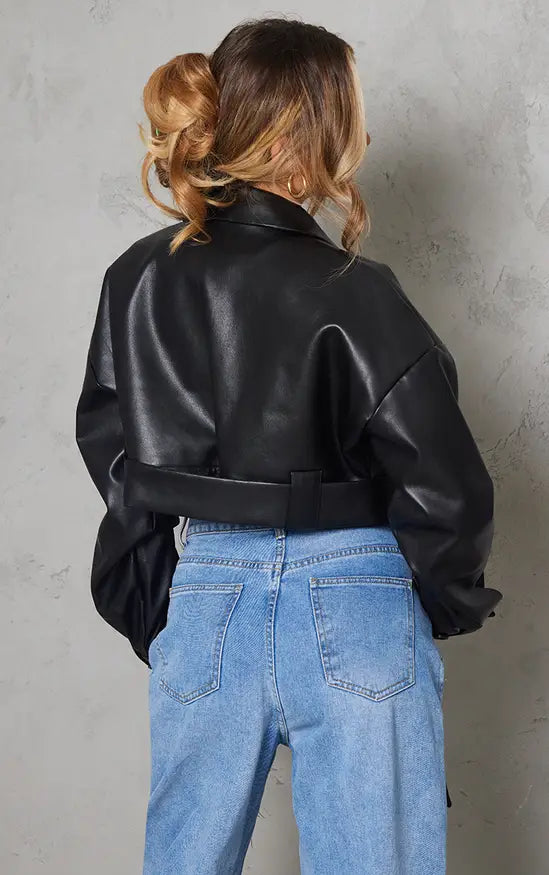 Plt - Black Oversized Belted Hem Cropped Biker Jacket