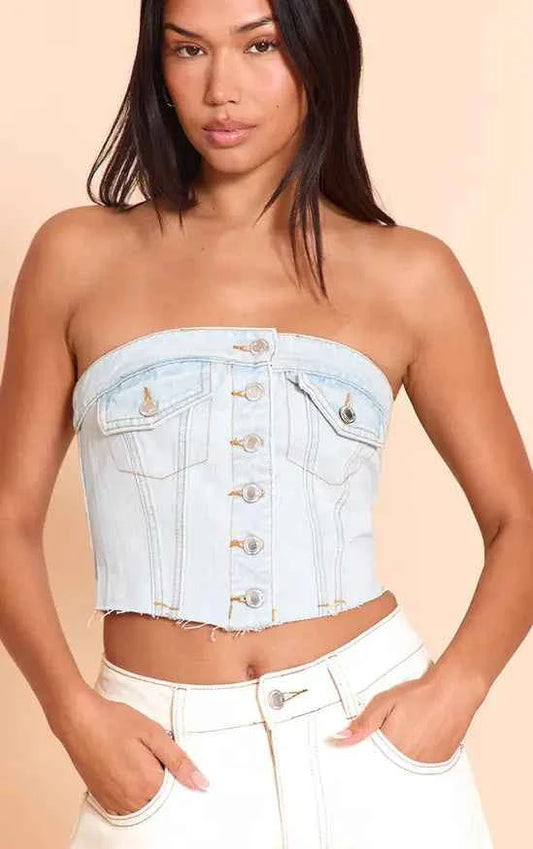 Plt - Pocket Detail Cropped Denim Corset Top
