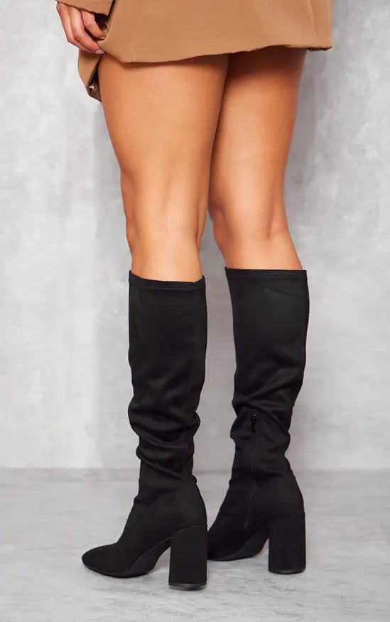 Plt - Black Faux Suede Round Toe Knee High Block Heeled Sock Boots