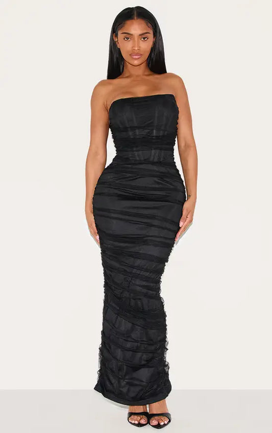 Plt - Shape Black Mesh Corset Bandeau Maxi Dress