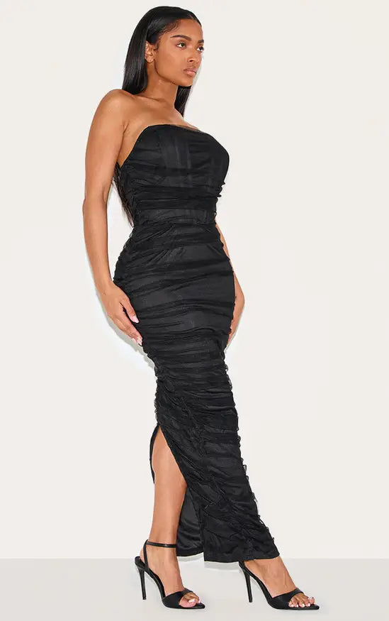 Plt - Shape Black Mesh Corset Bandeau Maxi Dress