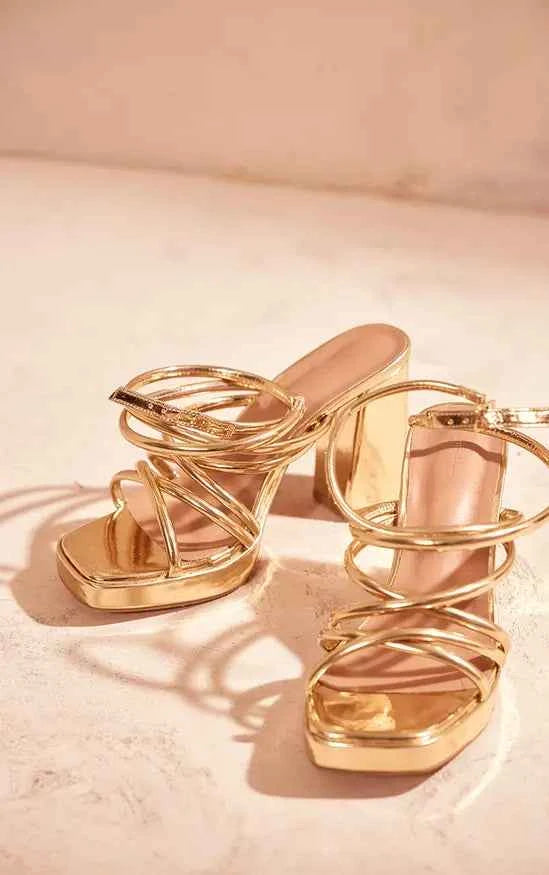 Plt - Gold PU Square Toe Tube Strap Platform Block Heeled Sandals