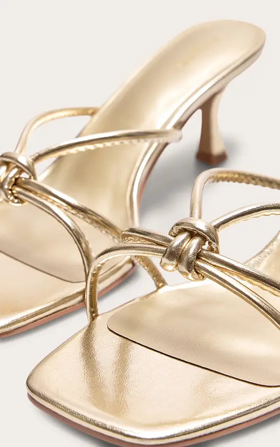 Plt - Gold Wide Fit Pu Square Toe Knotted Heeled Mules