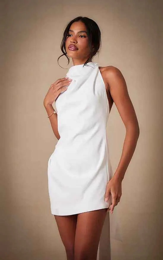 Plt - Premium White Woven Tie Halter Neck Dress