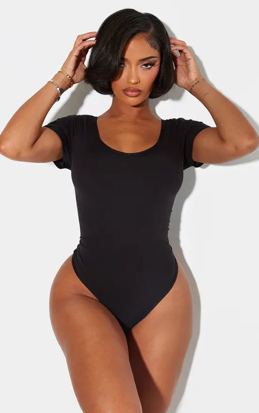 Plt - Shape Black Sculpted V Neck Short Sleeve Bodysuit