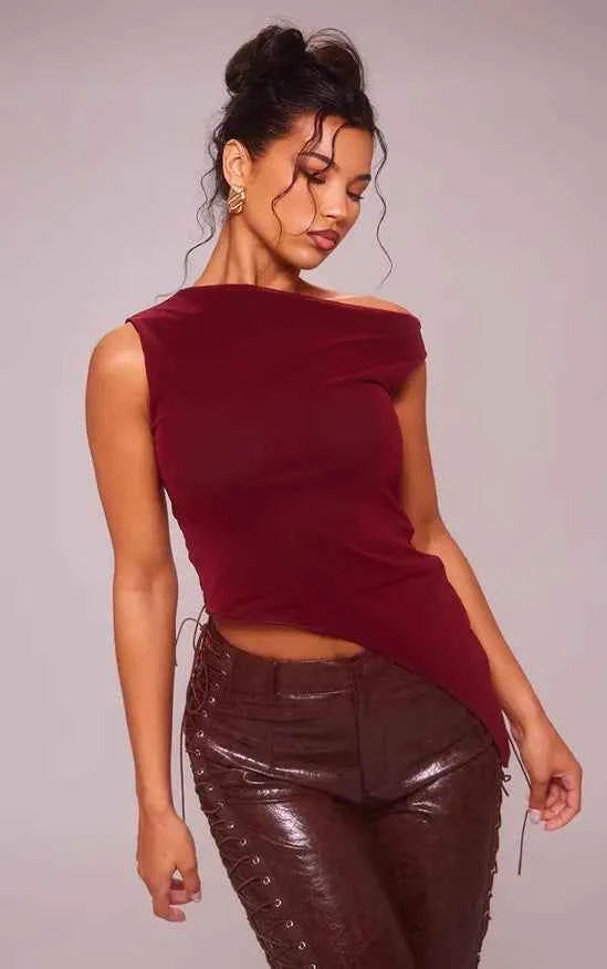 Plt - Cherry Red Asymmetric Neck Mesh Top