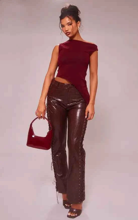 Plt - Cherry Red Asymmetric Neck Mesh Top