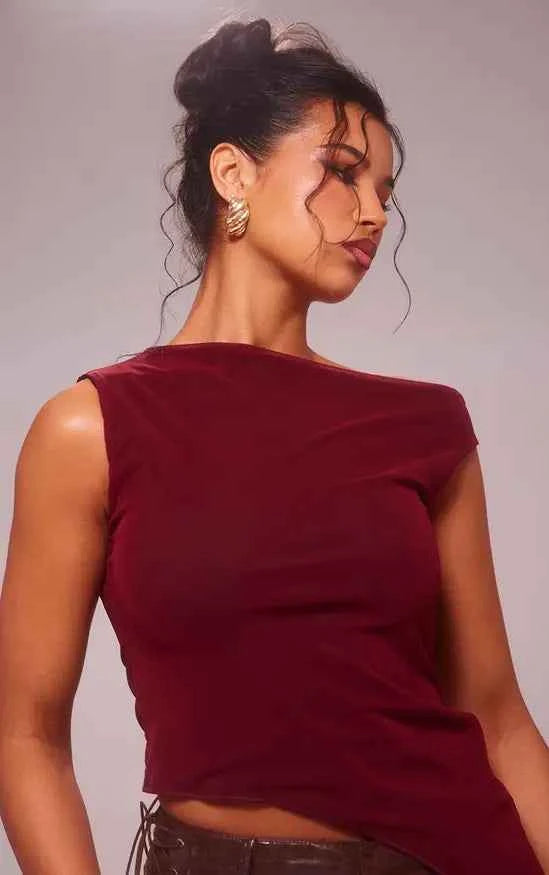 Plt - Cherry Red Asymmetric Neck Mesh Top