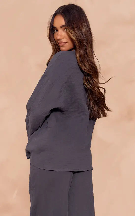 Plt - Dark Blue Textured Cheesecloth Tie Front Shirt Co-ord