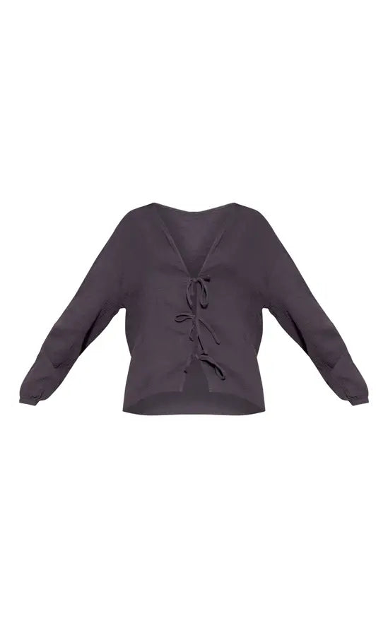 Plt - Dark Blue Textured Cheesecloth Tie Front Shirt Co-ord