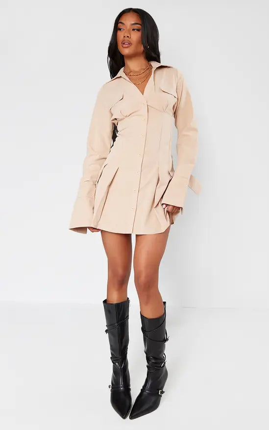 Plt - Stone Poplin Pleated Flared Sleeve Shirt Dress