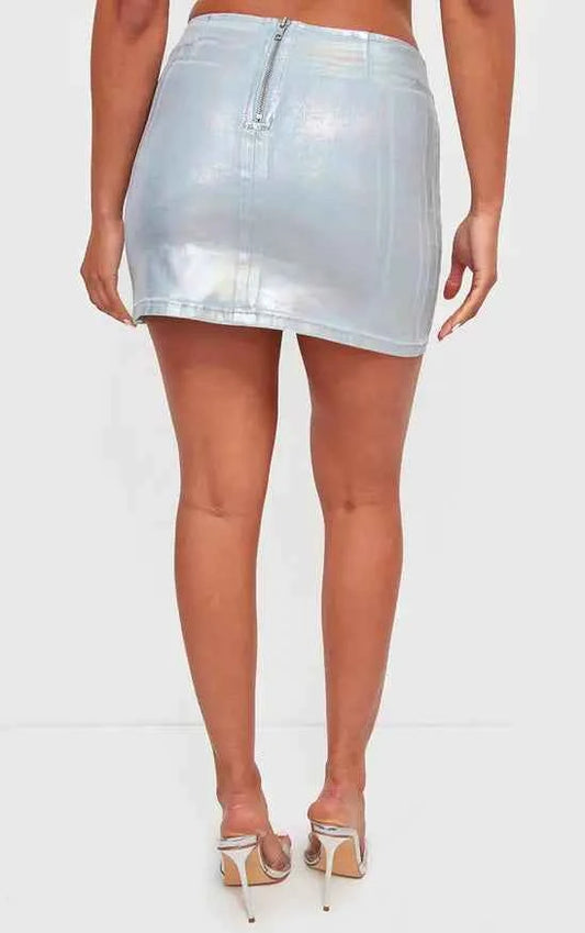 Plt - Silver Metallic Coated Denim Micro Mini Skirt