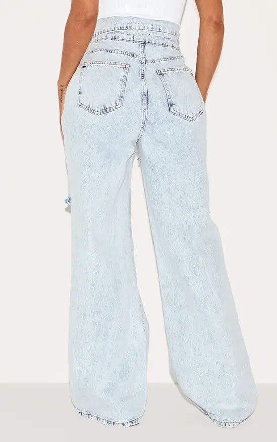 Plt - Shape Light Blue Acid Wash Denim Foldover Waist Ripped Wide Leg Jeans