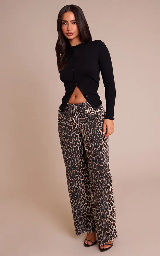 Plt - Petite Brown Leopard Print Denim Wide Leg Jeans