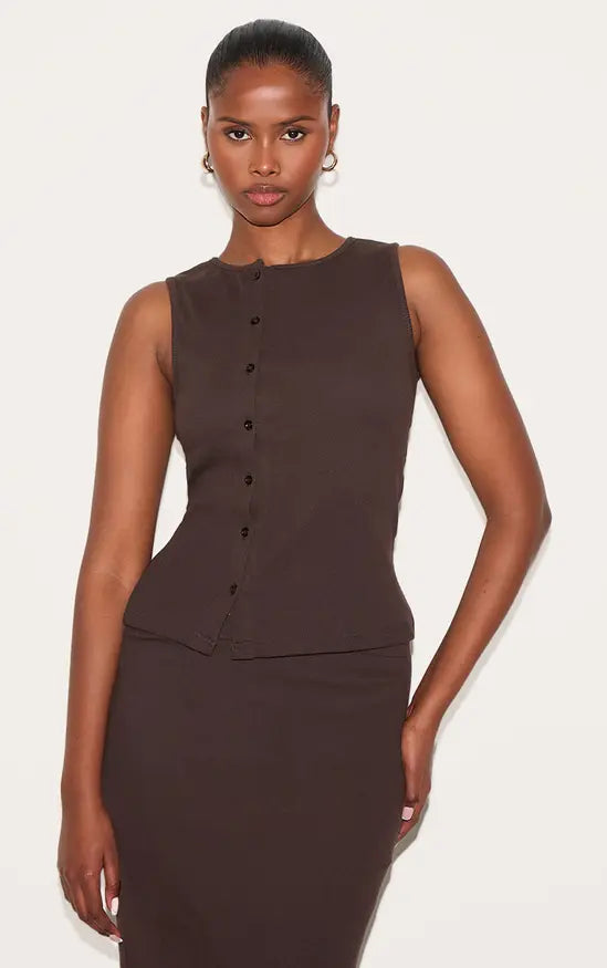 Plt - Ribbed Asymmetric Button Detail Vest Top