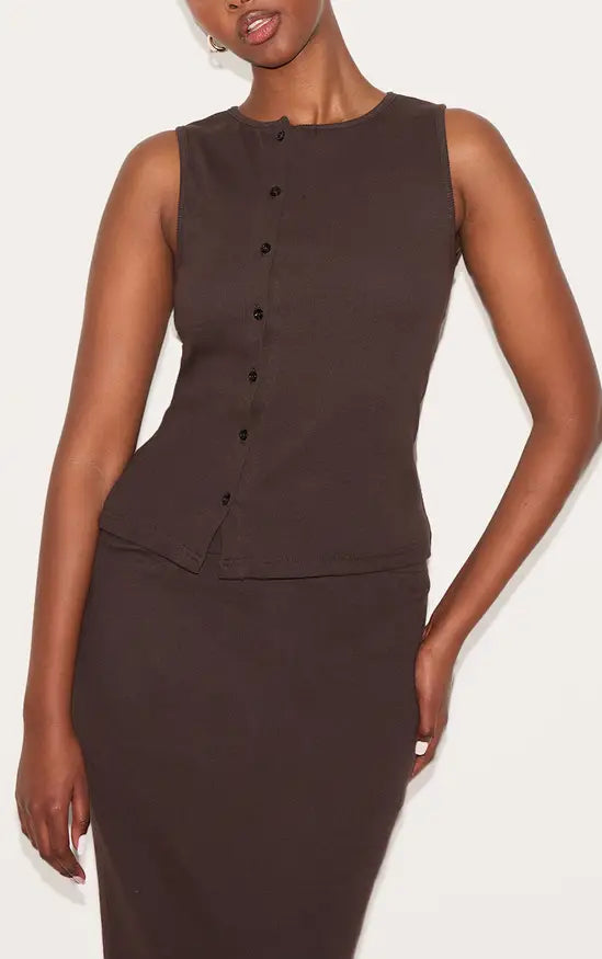 Plt - Ribbed Asymmetric Button Detail Vest Top