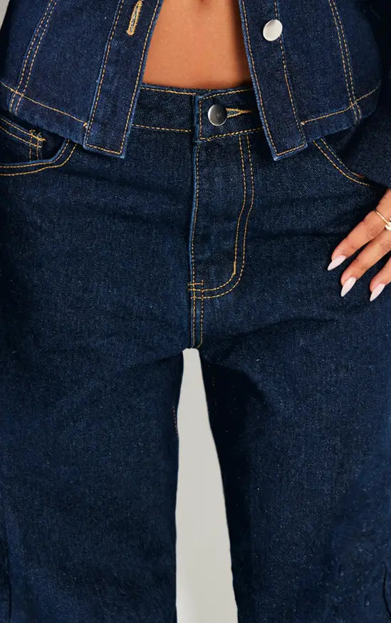 Petite Indigo Blue Wash Straight Leg Mid Rise Jeans