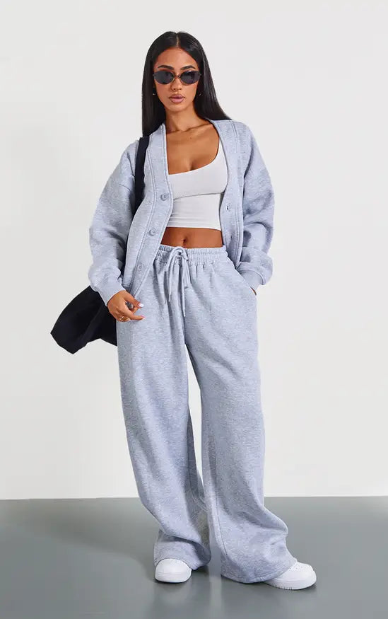 Plt - Petite Grey Marl Wide Leg Elasticated Drawstring Joggers